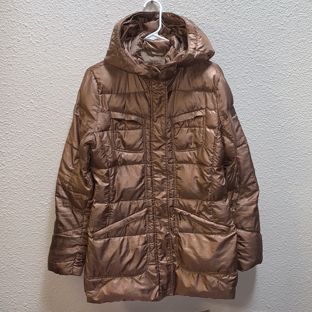 ADD golden brown goose down long puffer jacket removable hood full zip-up Sz S